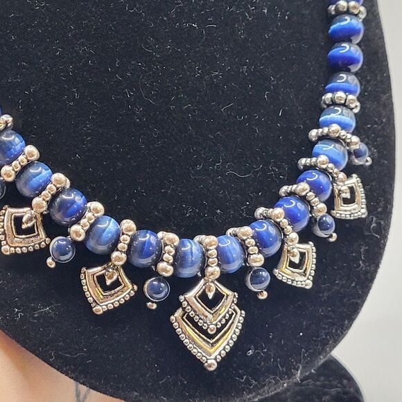 Vintage Avon Bohemian Statement Blue Tiger's Eye Beaded Blue Silver Necklace 19" - Picture 2 of 8